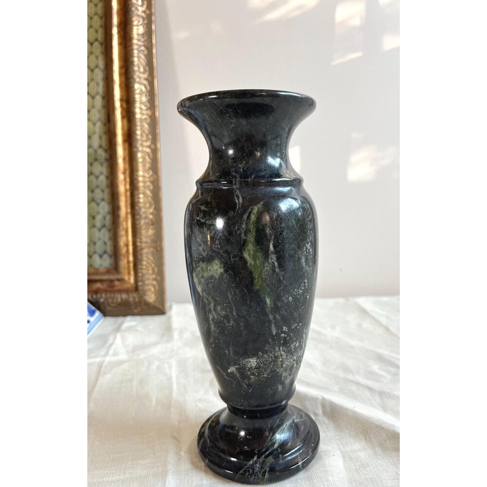 Vintage Heavy Dark Green White Veining Polished Marble Stone 8" Vase Italy